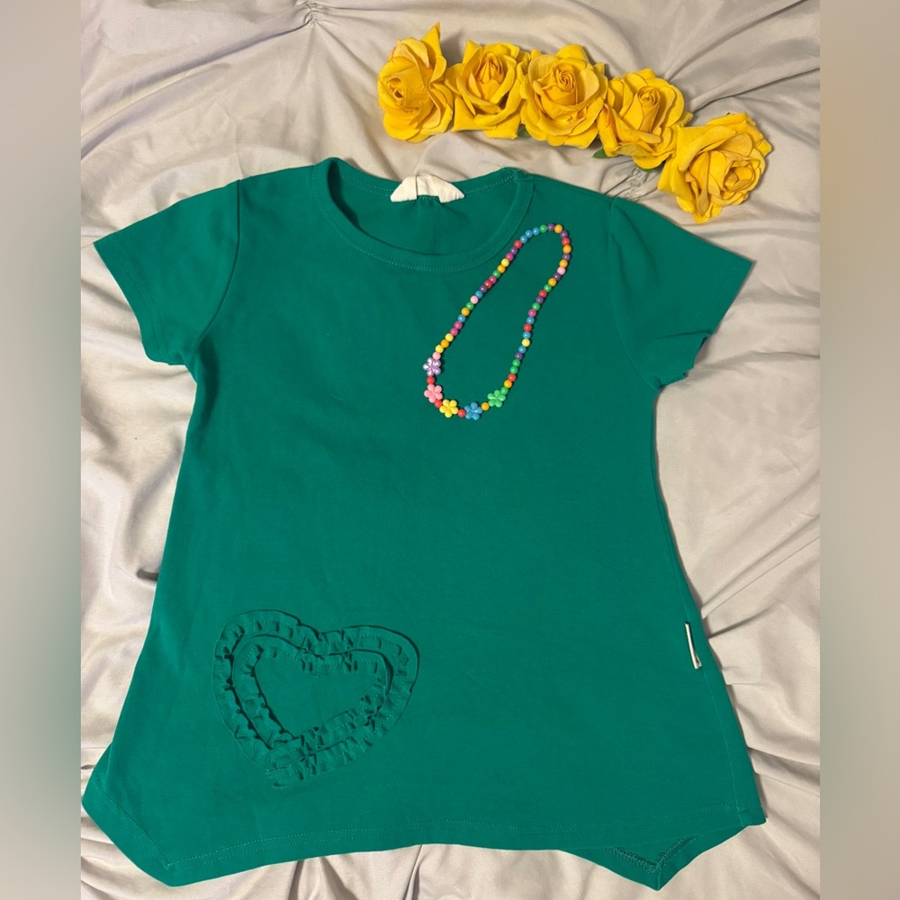 Green Girls Shirt Ruffled Heart